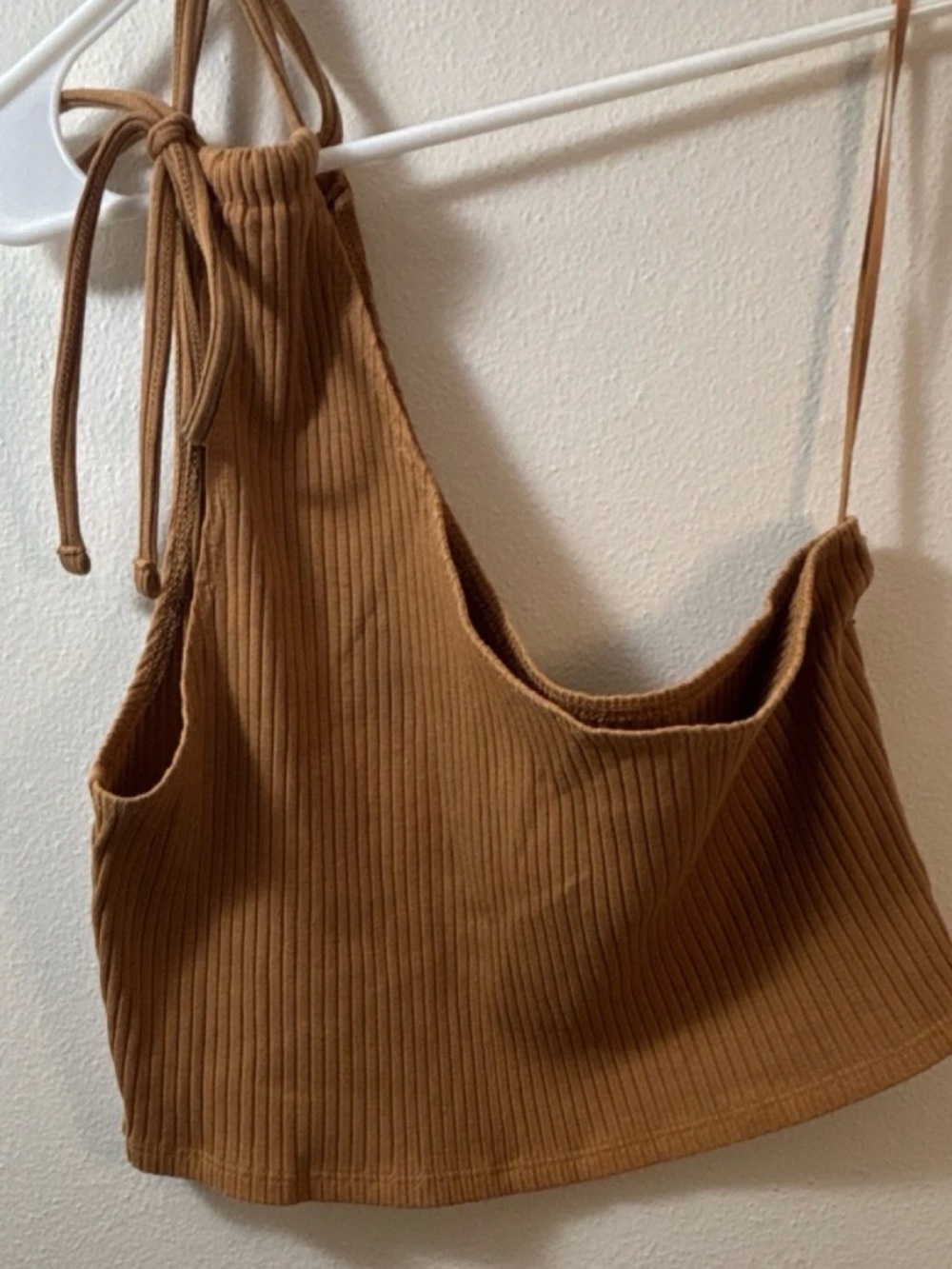 Aerie Brown Ribbed Knit Halter Cropped Tank Top Women's L Sleeveless